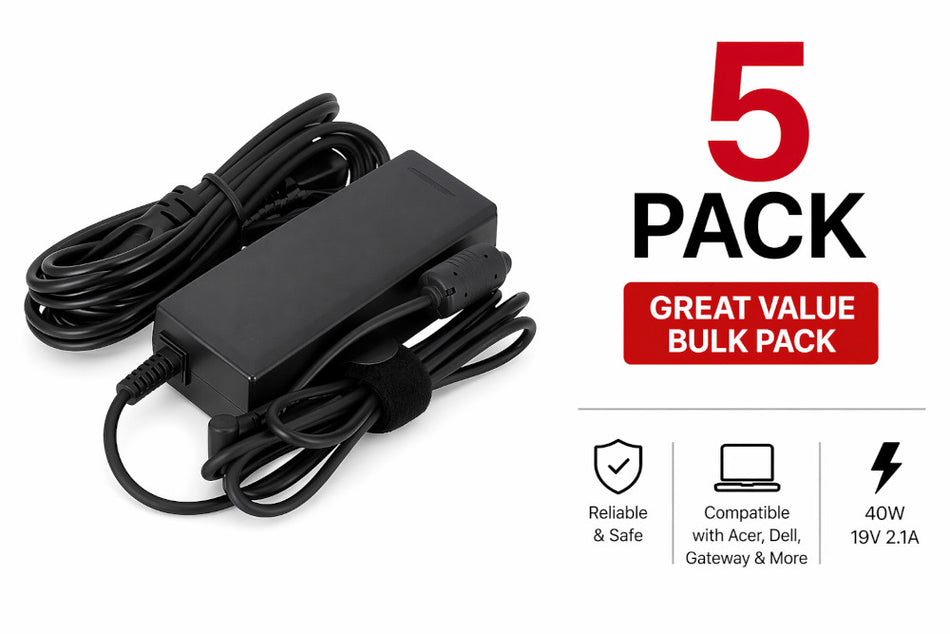 5 Pack Acer Dell Gateway Laptop Charger 40W 19V 2.1A 5.5×1.7mm Tip Compatible Adapters