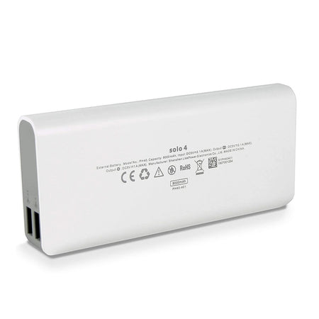 Roomoss Solo 4 portable power bank with two USB-C ports on the side, shown from a three-quarters angle on a white background.