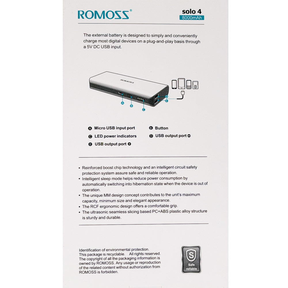 A product information card for the Romoss Solo 4 External Battery, showing a black rectangular battery unit with blue line icons pointing to its features like USB input, button, LED indicators, and USB output. The card includes descriptive text and a Romoss logo at the top.