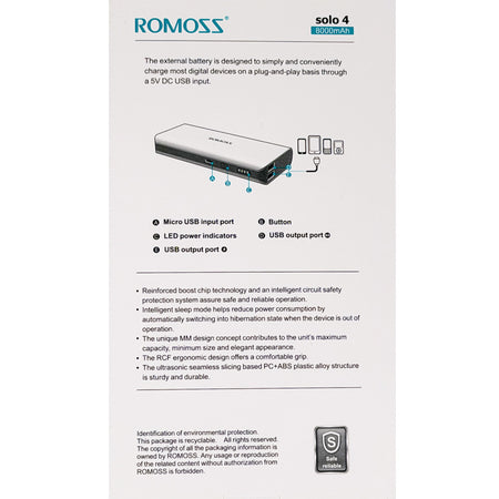 A product information card for the Romoss Solo 4 External Battery, showing a black rectangular battery unit with blue line icons pointing to its features like USB input, button, LED indicators, and USB output. The card includes descriptive text and a Romoss logo at the top.