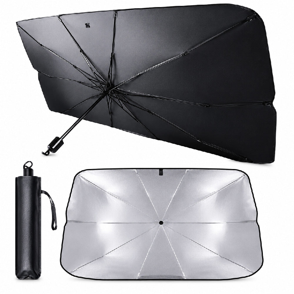 Portable car windshield sun shade umbrella with UV-reflective silver coating, foldable design, and storage pouch