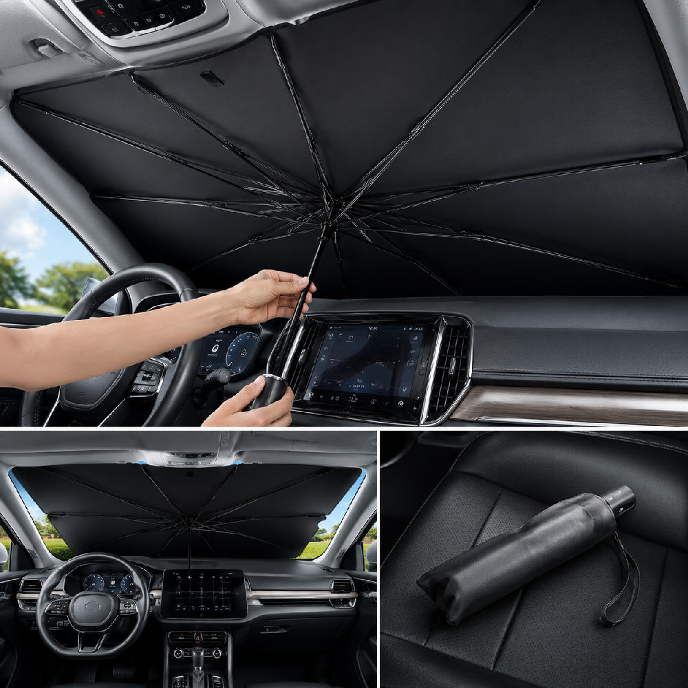 Car windshield sun shade umbrella protecting a black SUV from sunlight, heat, and harmful UV rays