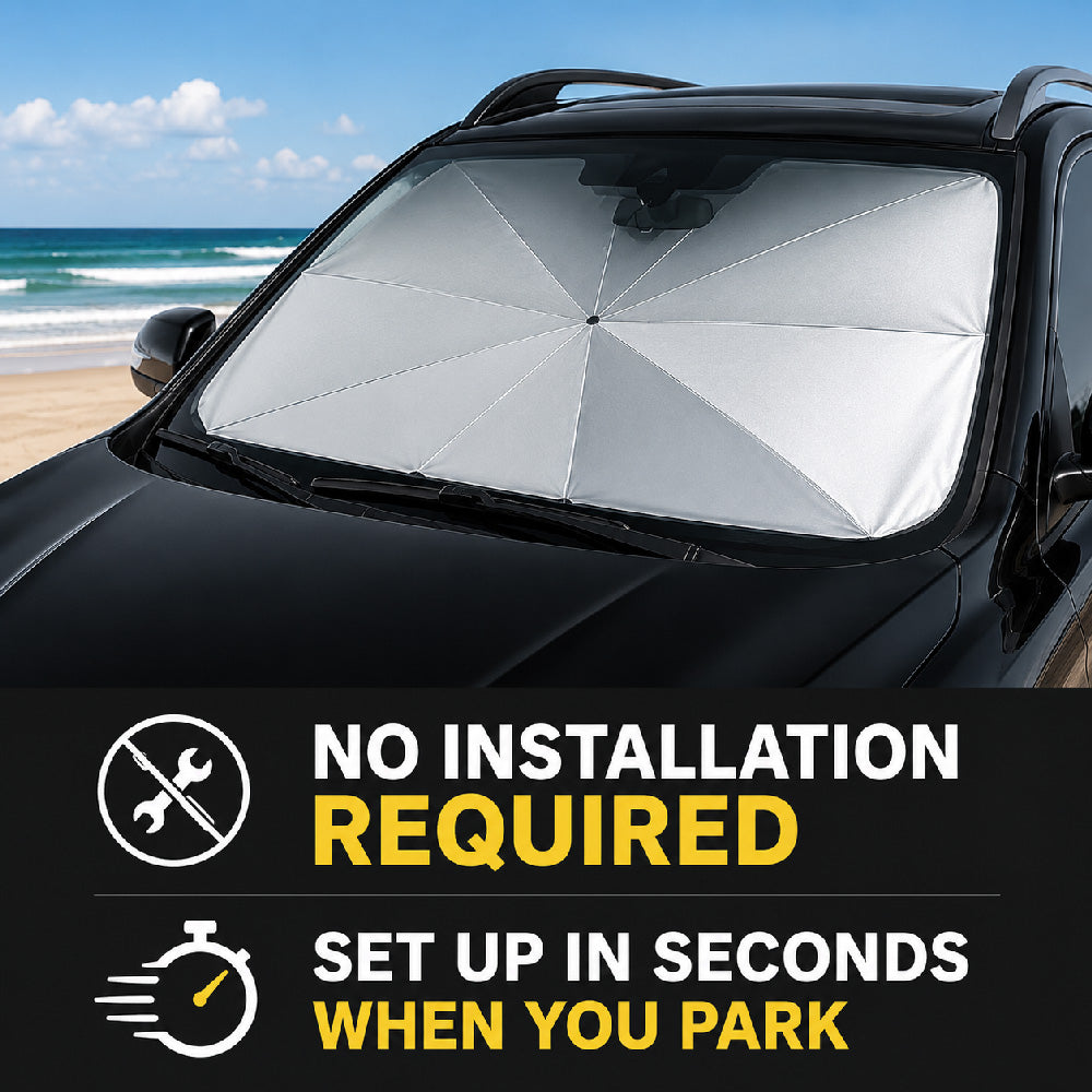 Portable foldable windshield sun shade umbrella showing black outer layer, reflective inner coating, and storage sleeve