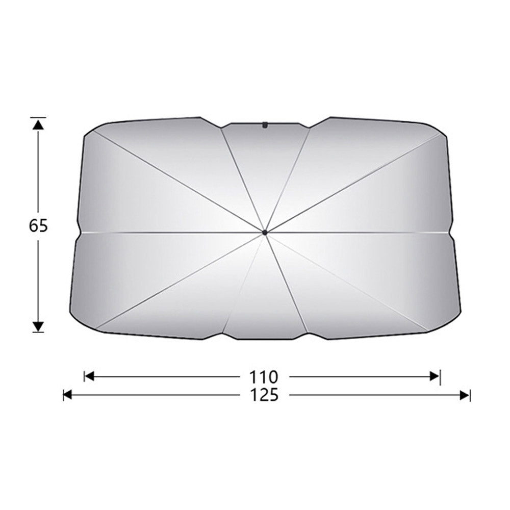 Foldable car windshield sun shade umbrella installed inside a modern vehicle to block sunlight and reduce interior heat