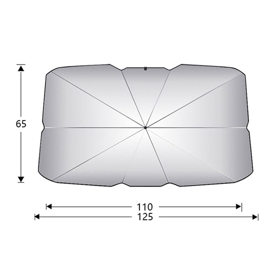 Foldable car windshield sun shade umbrella installed inside a modern vehicle to block sunlight and reduce interior heat