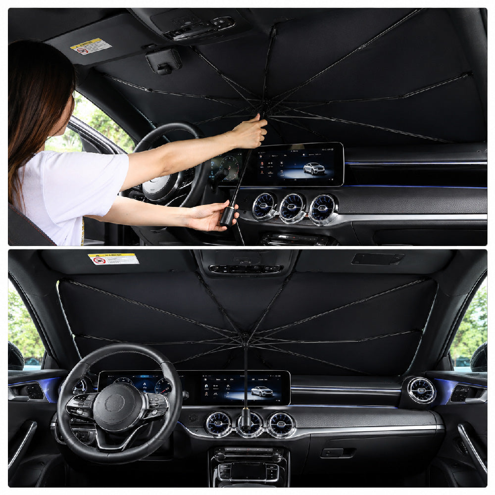 Easy-to-use windshield sun shade umbrella being opened and positioned inside a modern car dashboard area