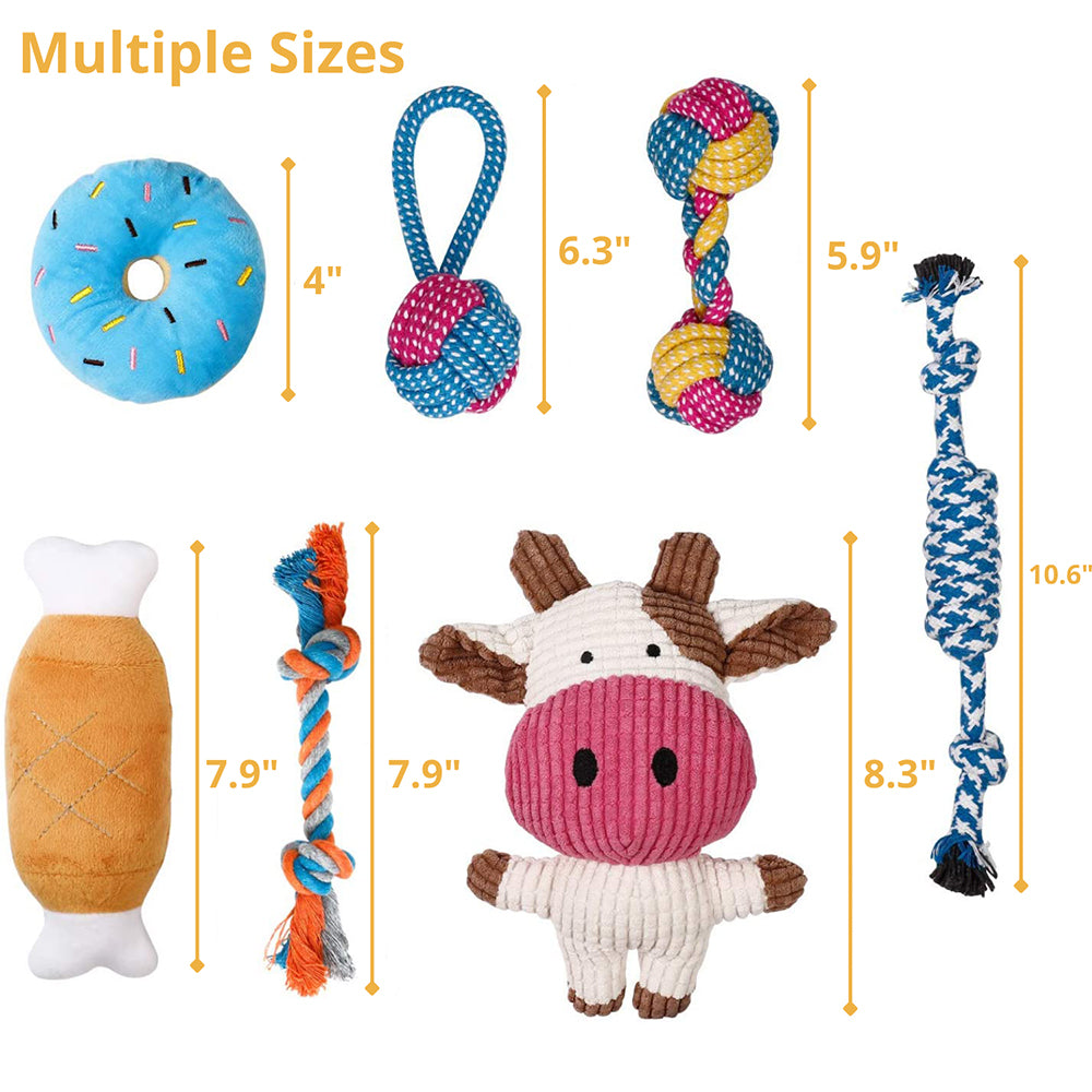 7-Piece Toy Set – Includes a variety of squeaky plush toys and cotton rope toys for chewing, tugging, and interactive play.