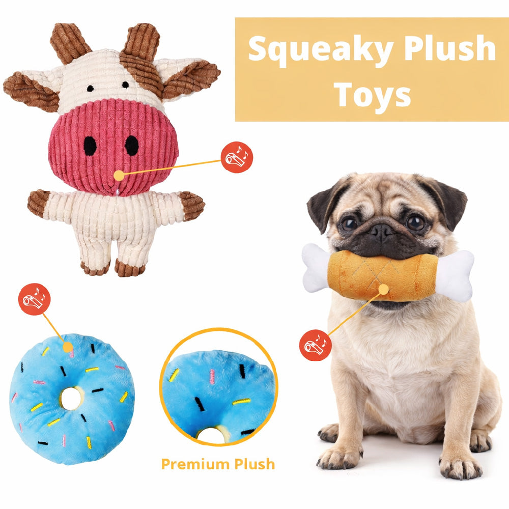 Squeaky plush toys with a Pug, a mix of squeaky plush toys