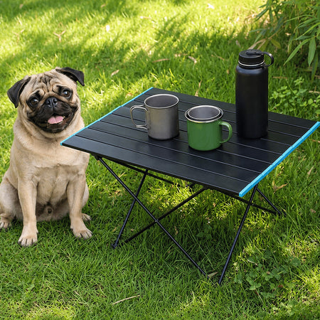 Portable Folding Camping Table – Lightweight Aluminum Picnic Table with Carry Bag for Outdoor, Beach & Travel with a pug