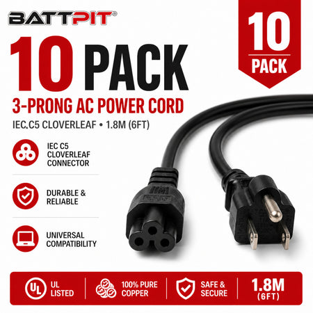 10 pack 3-Prong AC Power Cord IEC C5 Cloverleaf 1.8M – Universal Replacement for Laptop Chargers & Devices