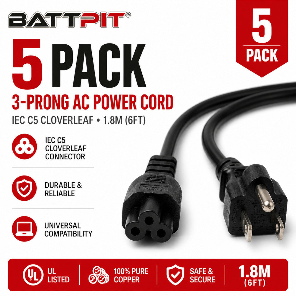 5 Pack 3-Prong AC Power Cord IEC C5 Cloverleaf 1.8M – Universal Replacement for Laptop Chargers & Devices