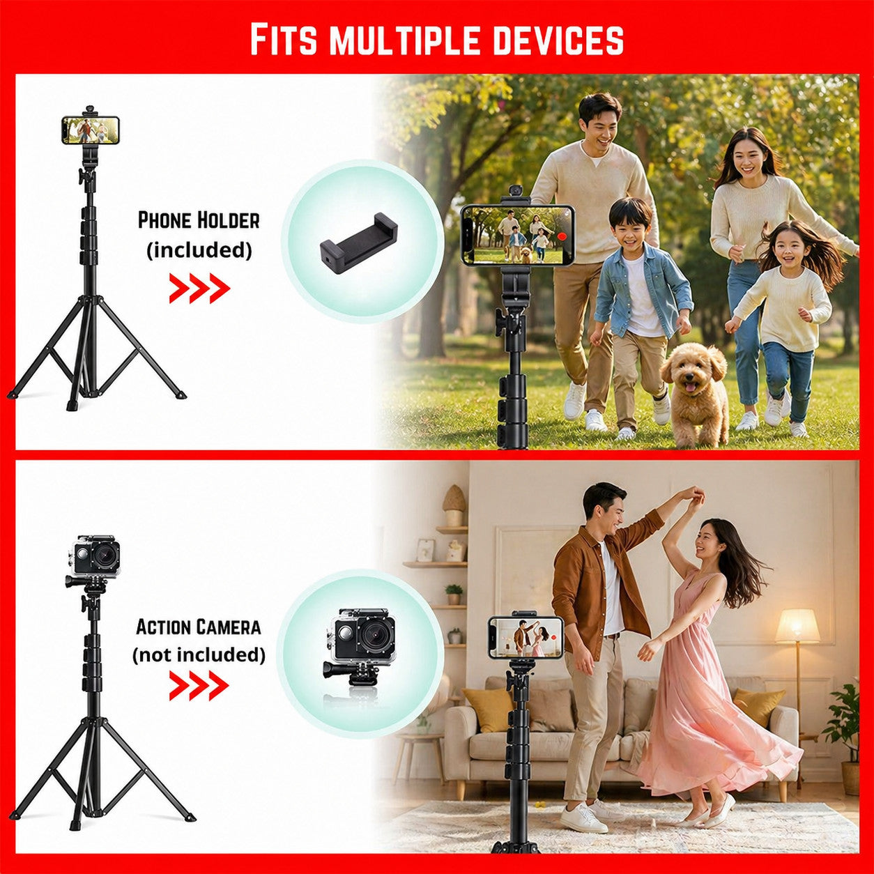Tripod with phone holder and action camera mount, used by a family outdoors and in a living room.