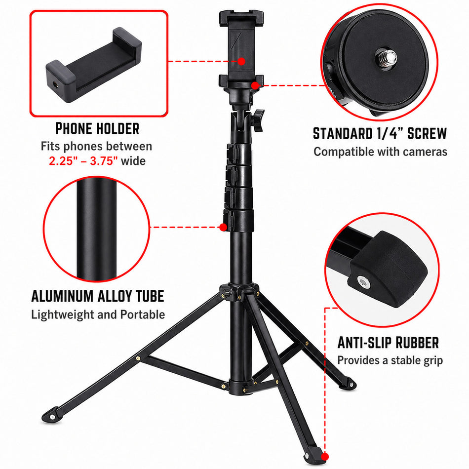 Black adjustable tripod with features highlighted on a white background