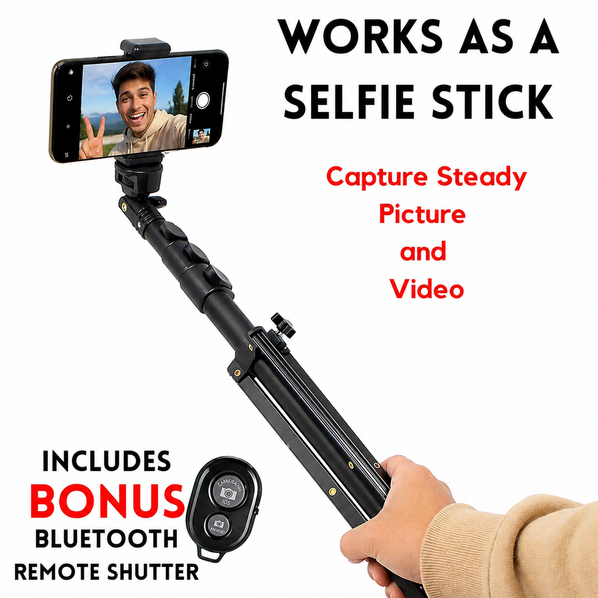 Hand holding a selfie stick with smartphone attachment, featuring text about its functions and included Bluetooth Remote.