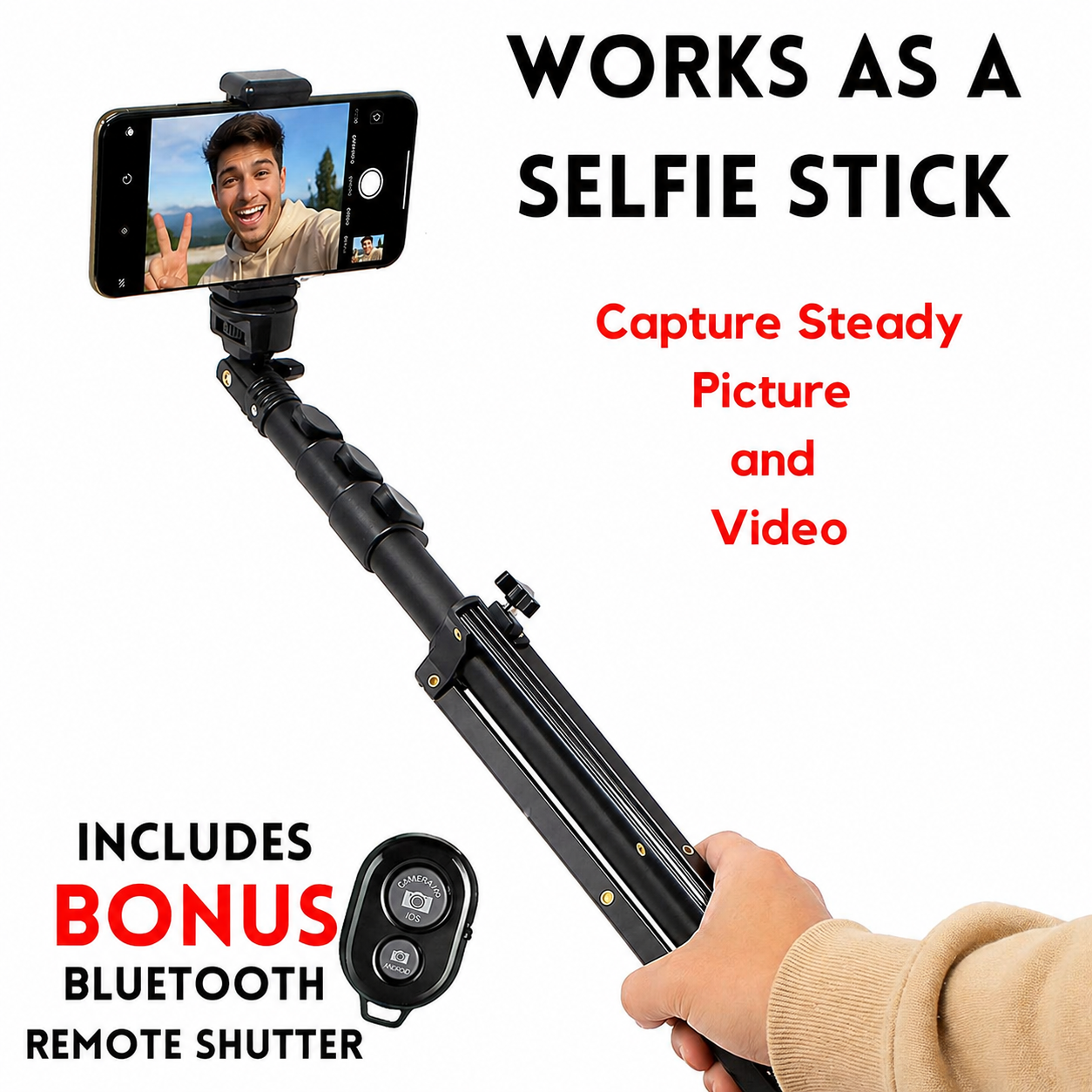 Hand holding a selfie stick with smartphone attachment, featuring text about its functions and included Bluetooth Remote.